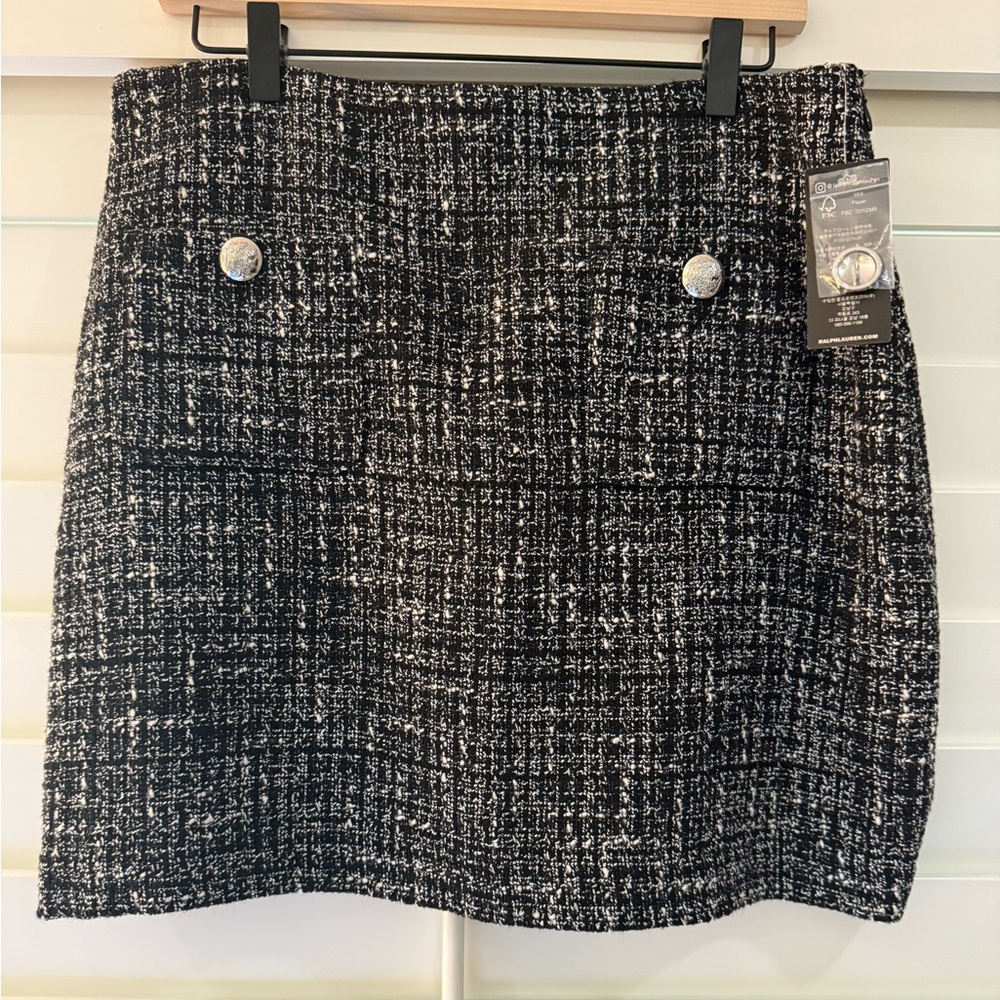 Ralph Lauren Black and White Tweed Pencil Skirt with Silver Buttons